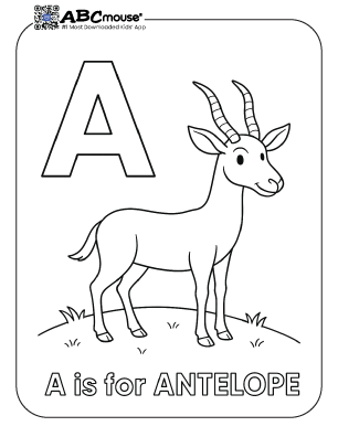 Letter A is for antelope fun free coloring page for kids from ABCmouse.com. 