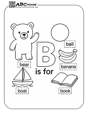 Free printable b is for bear, ball. banana, boat, book coloring page from ABCmouse.com. 