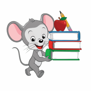 ABCmouse holding a stack of books topped with an apple and a pencil