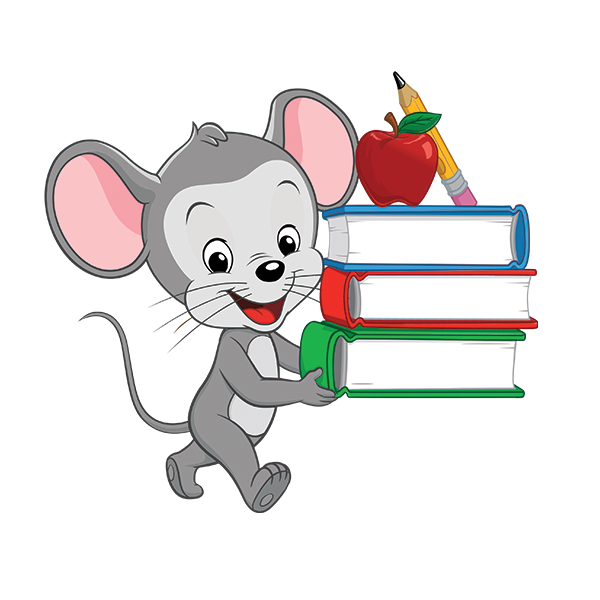 ABCmouse holding a stack of books topped with an apple and a pencil