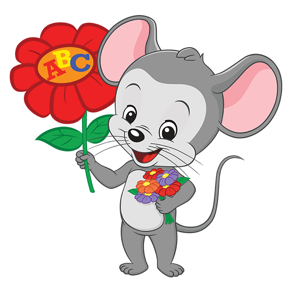 ABCmouse holding a colorful bouquet of flowers.