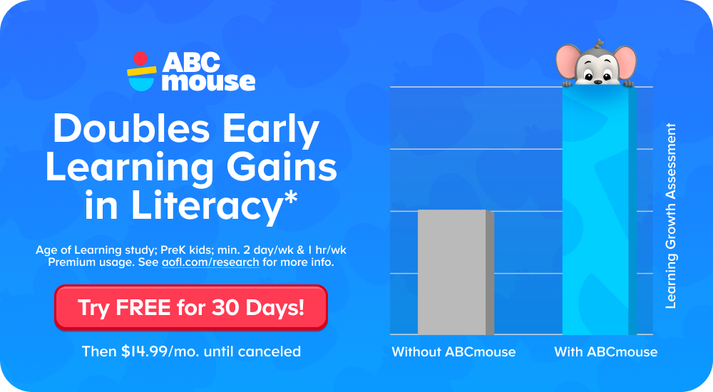 ABCmouse ad highlighting doubled early literacy gains, with a chart comparing learning growth with and without ABCmouse.