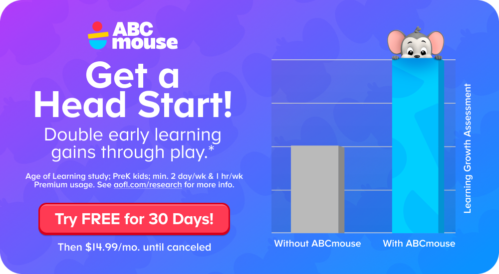 ABCmouse promotion highlighting increased early learning growth through play, with a bar chart comparing results with and without ABCmouse.