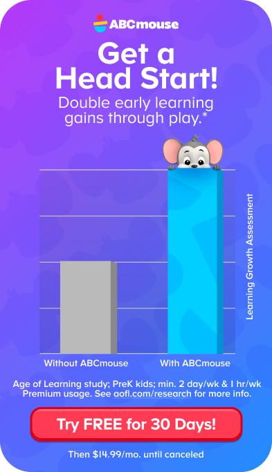 ABCmouse ad highlighting increased early learning growth through play, with a chart comparing results with and without ABCmouse.