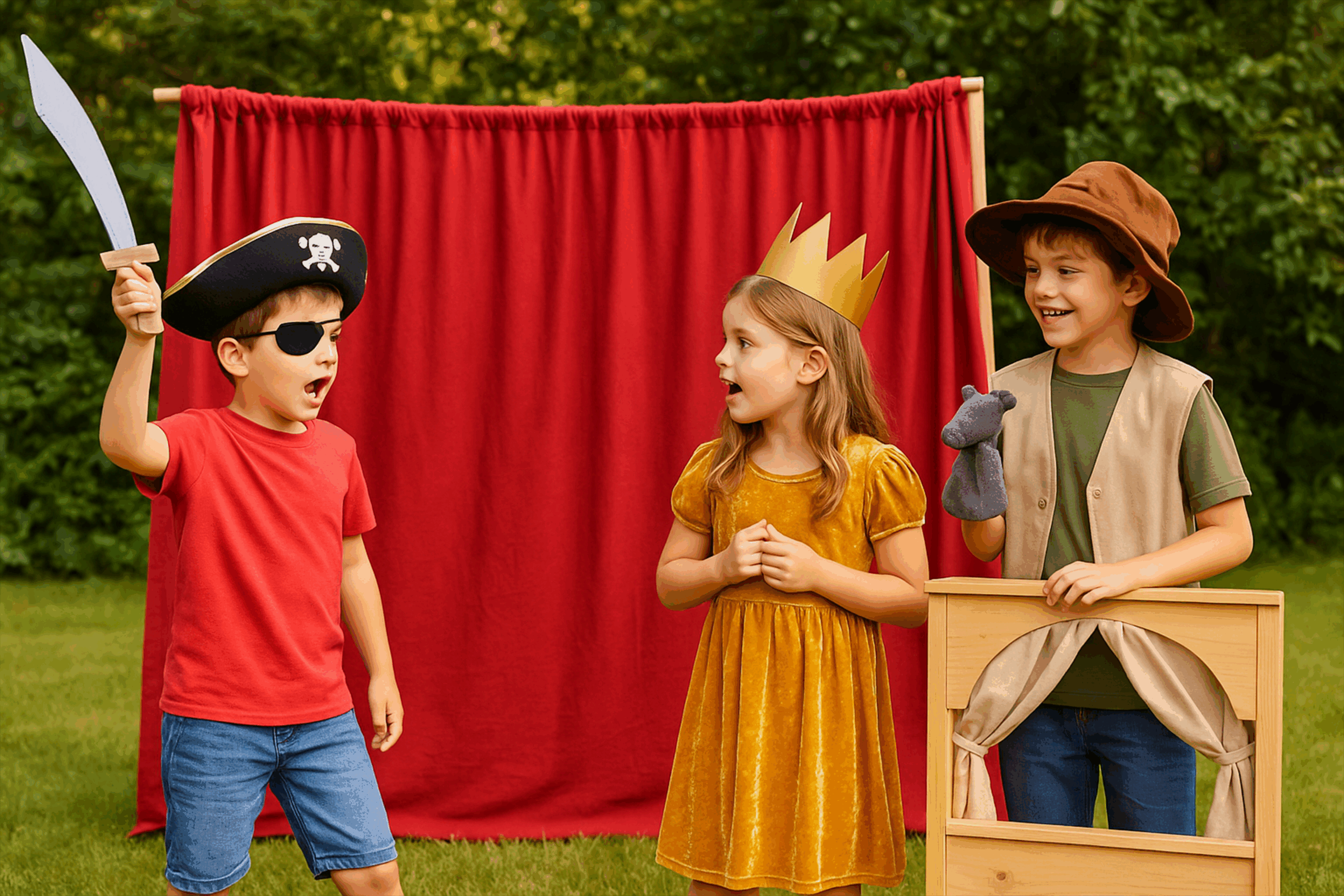 Kids putting on a fun summer outdoor play. 