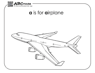 Letter A is for airplane fun free coloring page for kids from ABCmouse.com. 