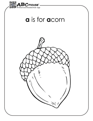 Letter A is for acorn fun free coloring page for kids from ABCmouse.com. 