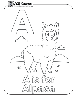 Letter A is for alpaca fun free coloring page for kids from ABCmouse.com. 