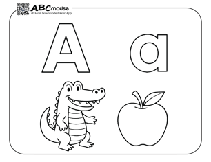 Letter A is for alligator and apple fun free coloring page for kids from ABCmouse.com. 