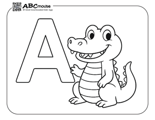 Letter A is for cute alligator fun free coloring page for kids from ABCmouse.com. 