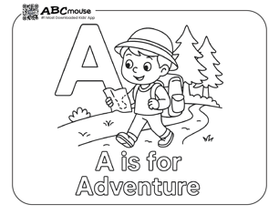 Letter A is for adventure fun free coloring page for kids from ABCmouse.com. 