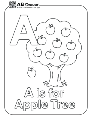 Letter A is for apple tree fun free coloring page for kids from ABCmouse.com. 