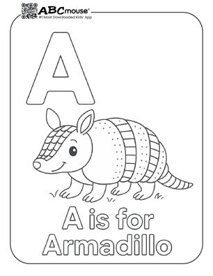 Letter A is for Armadillo fun free coloring page for kids from ABCmouse.com. 