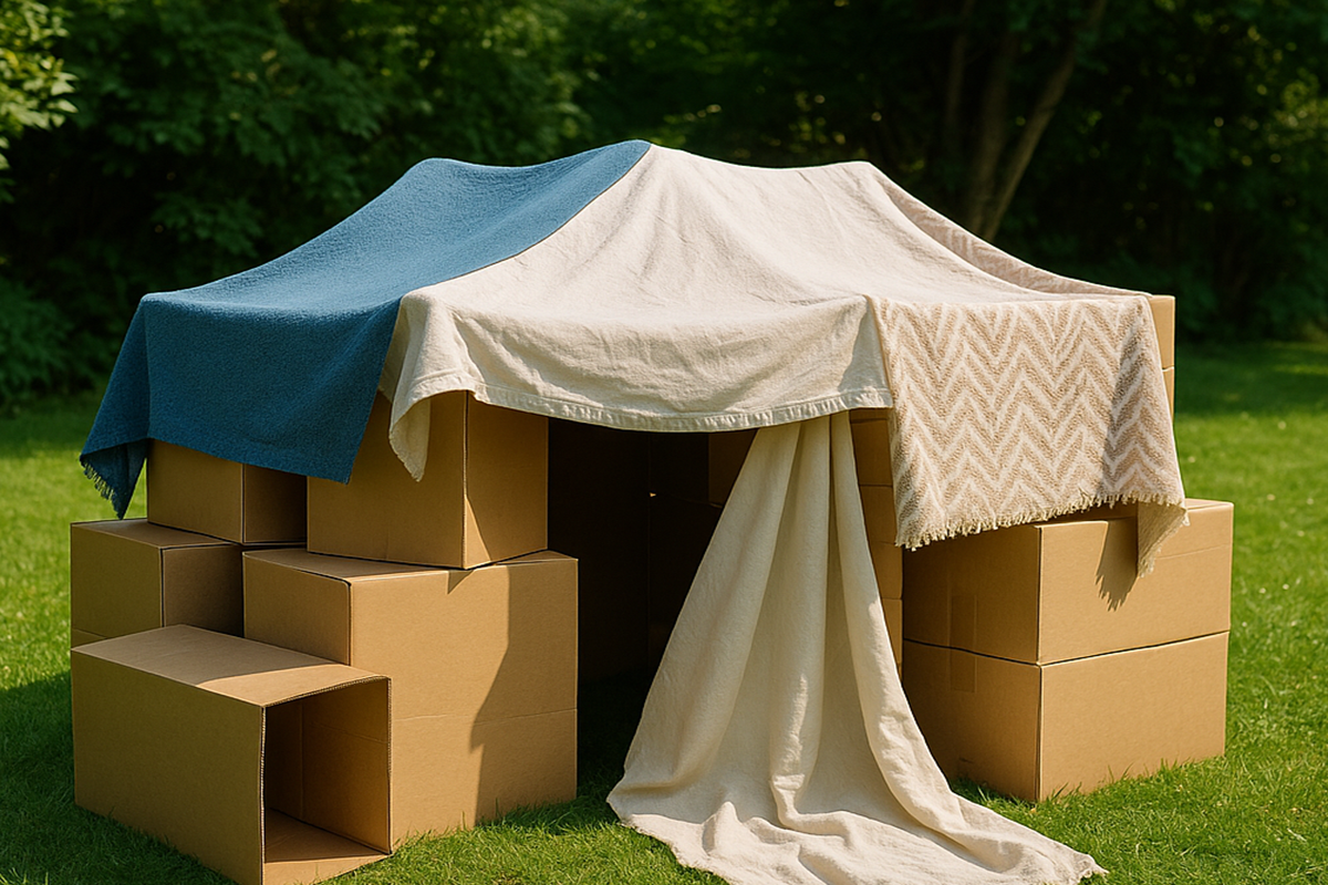 A fun backyard fort made of sheets and boxes.