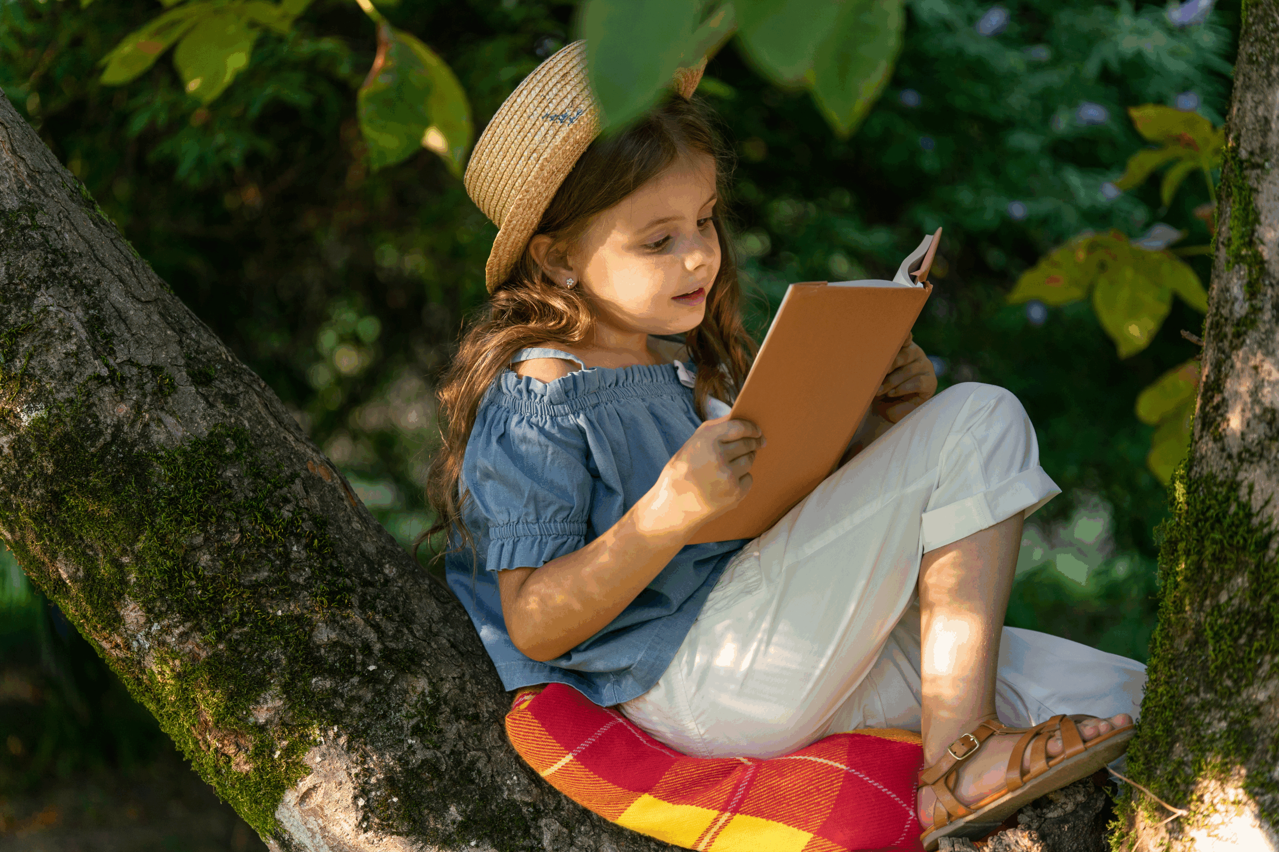 A fun little tree reading nook where a young girl is reading to herself.