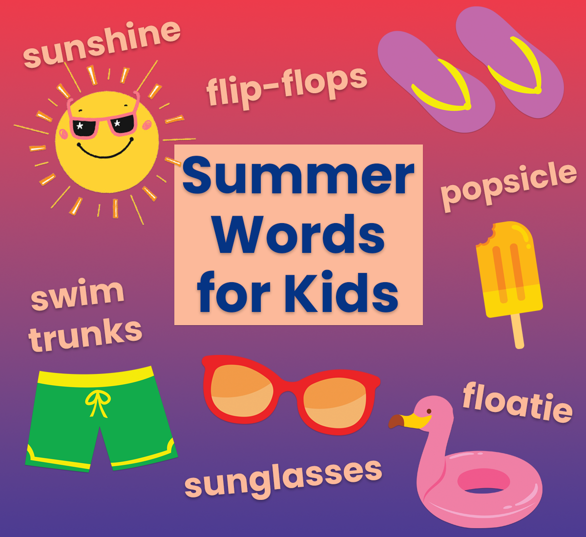 Brightly colored summer word list for kids from ABCmouse.com. 