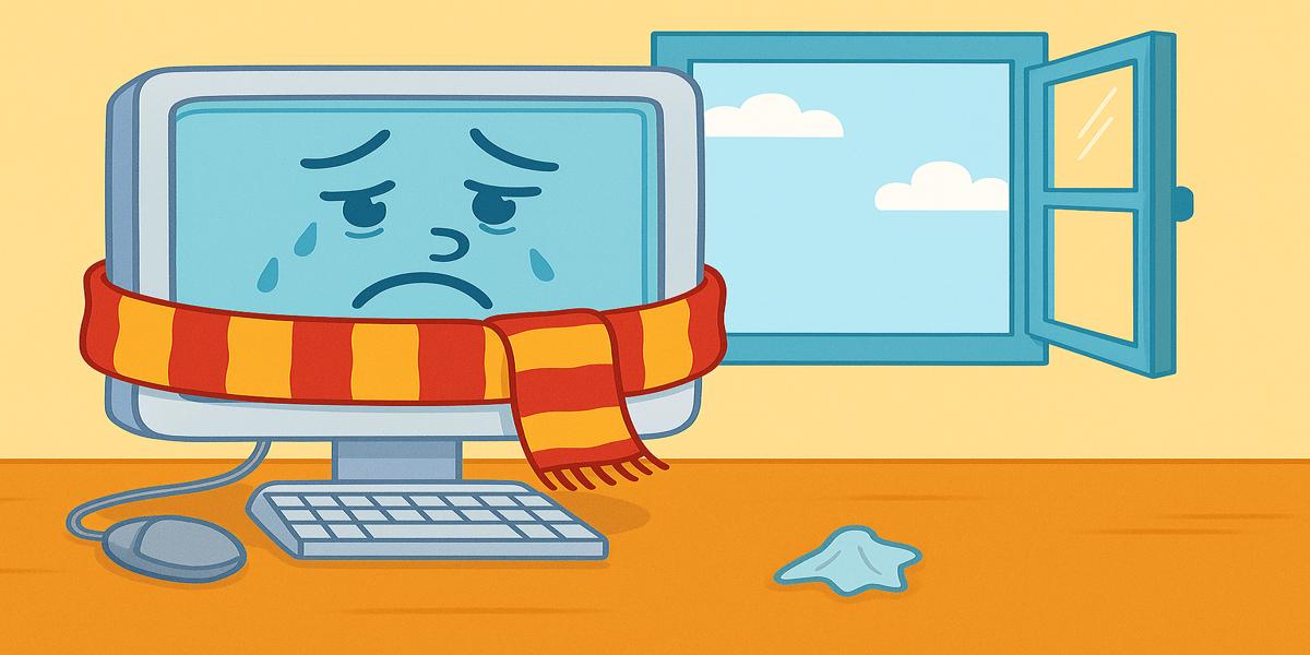 A silly dad joke of a computer catching a cold the computer has a scarf around it. 
