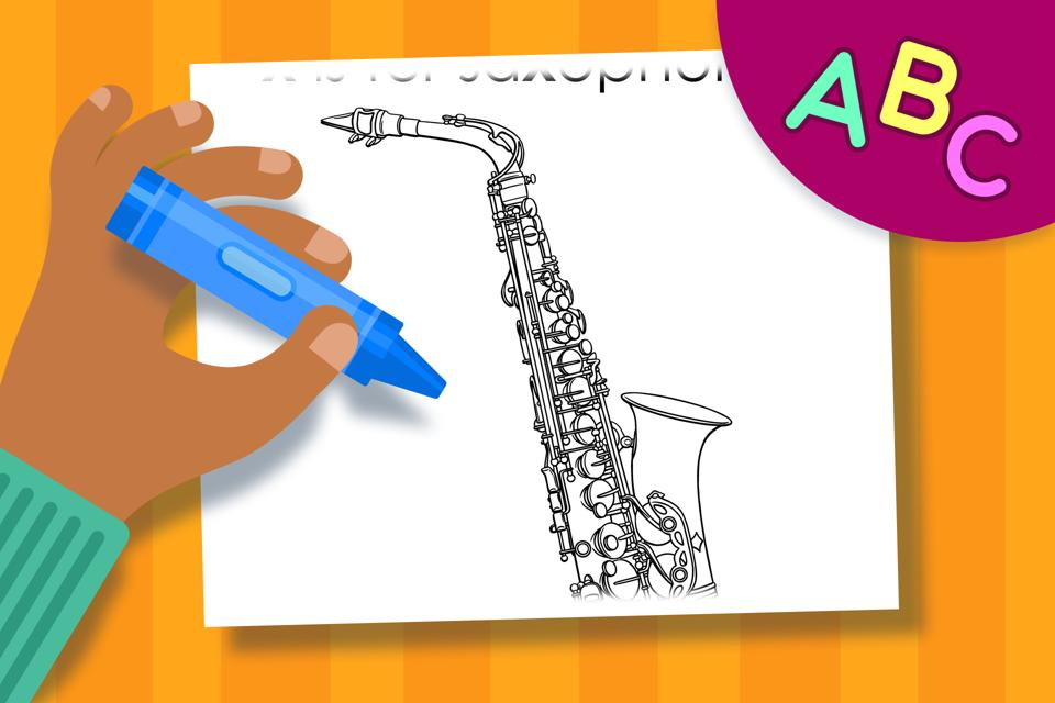 X is for Saxophone – Online Coloring Page