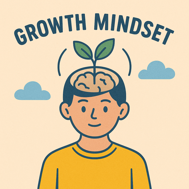 Online games help build a growth mindset. Person with a plant growing out of their head. 
