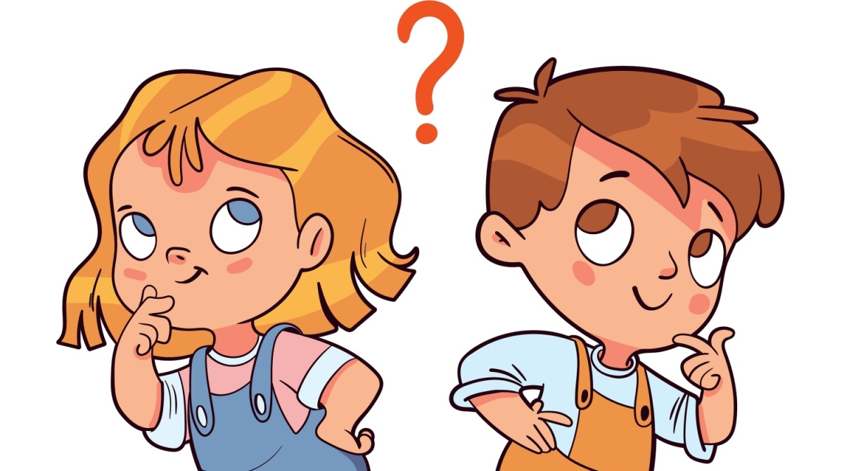 Two cartoon children thinking about something with a red question mark hovering between their heads.