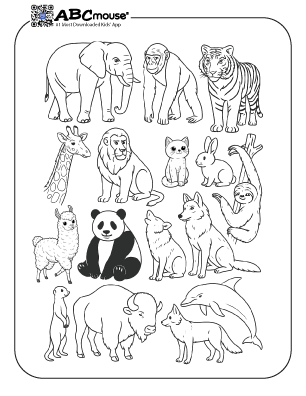 Group of mammals coloring page from ABCmouse.com. 