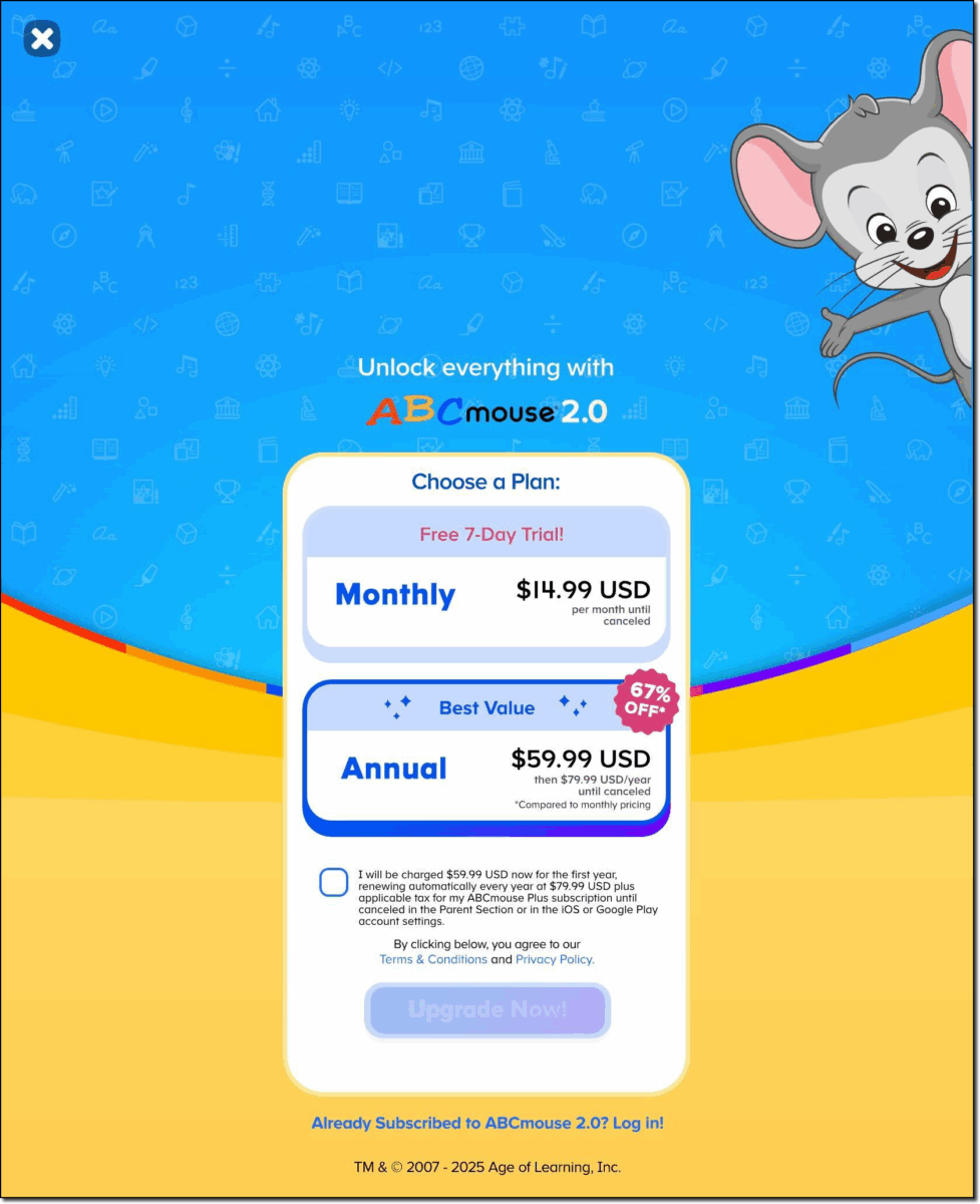 ABCmouse 2.0 pricing options. 