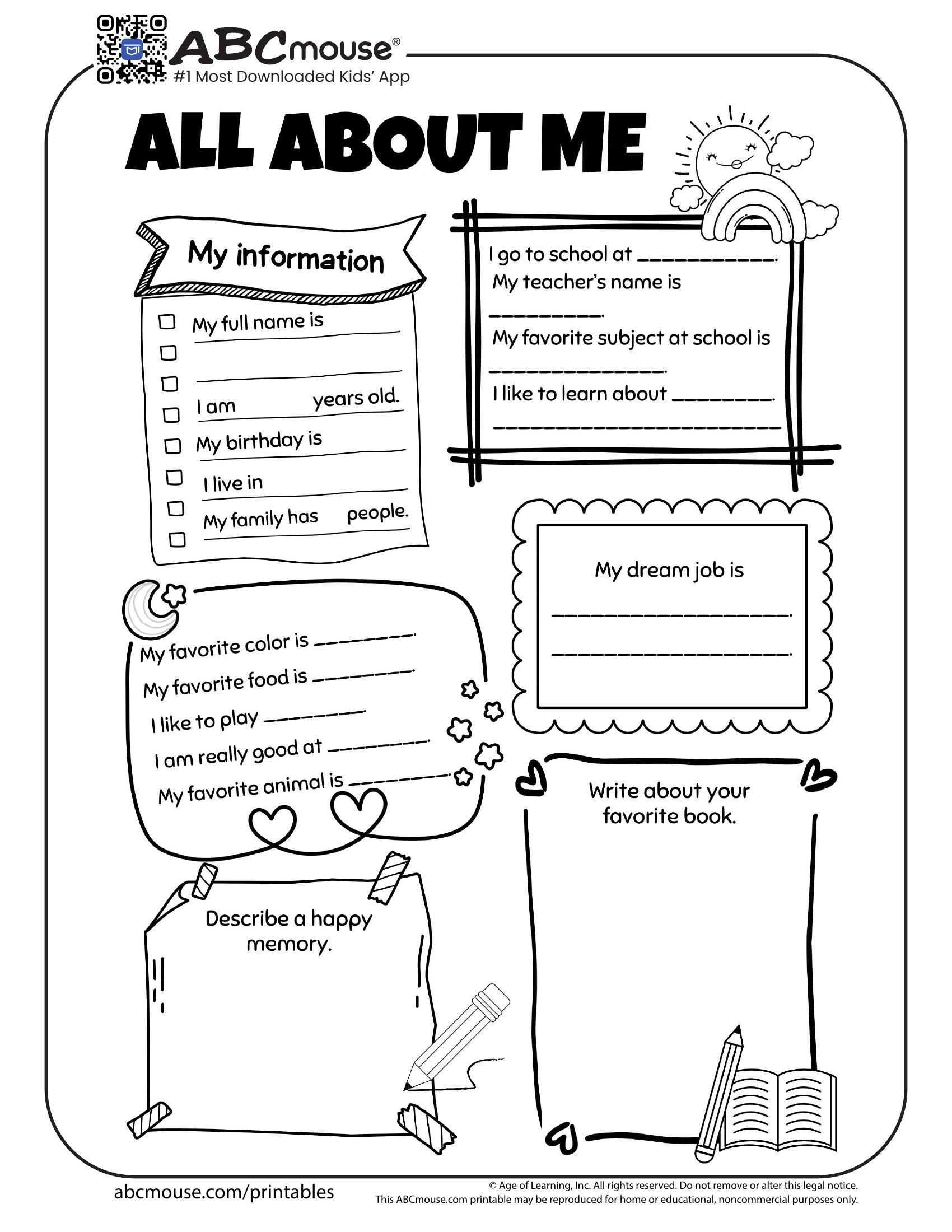 Free printable all about me back to school worksheet for kids from ABCmouse.com. 
