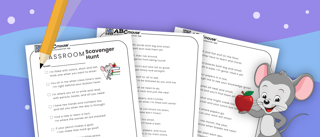 Free printable classroom scavenger hunt back to school worksheet for kids from ABCmouse.com. 
