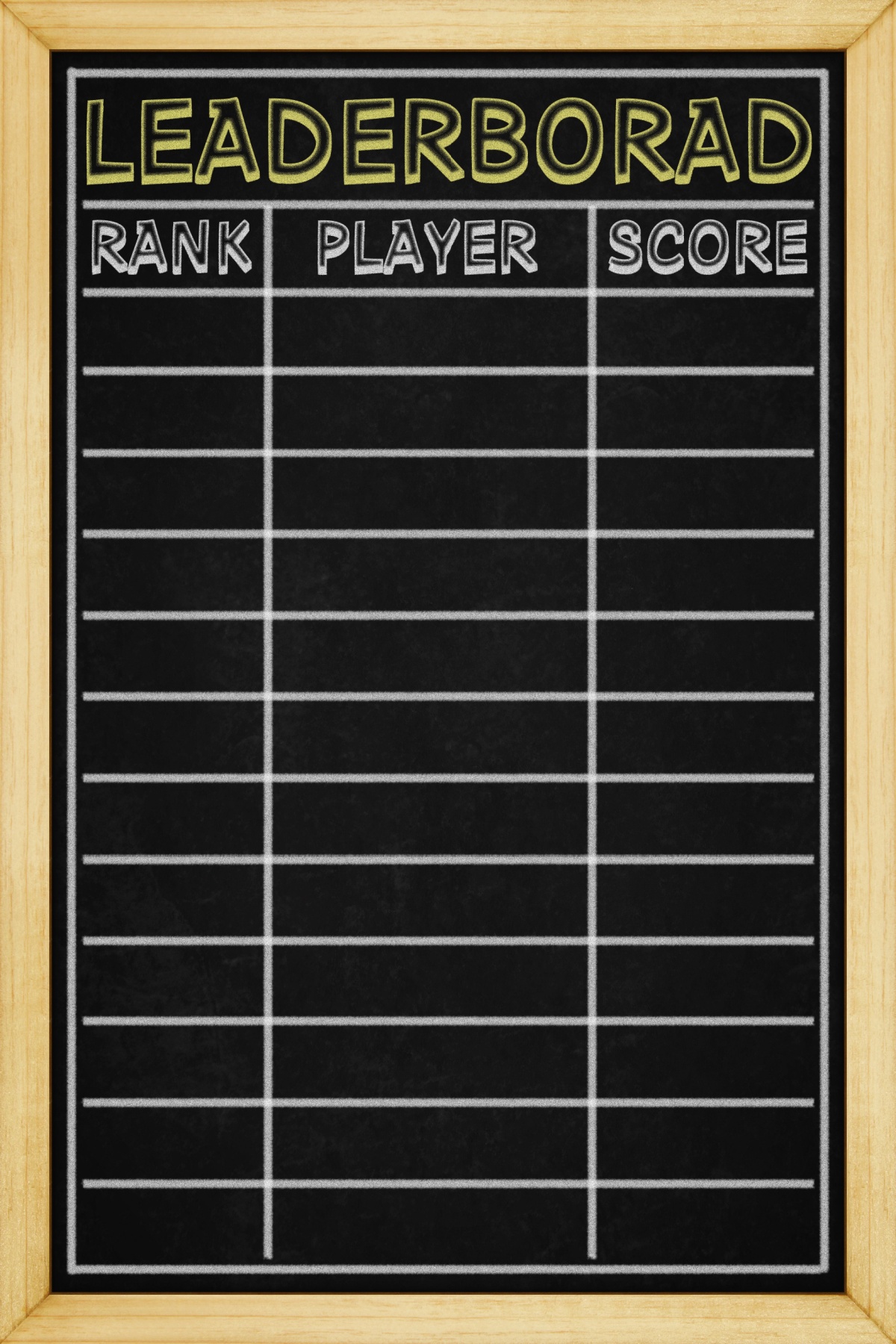 A small framed chalk board titled leaderboard, with rank, player, score written in columns.  