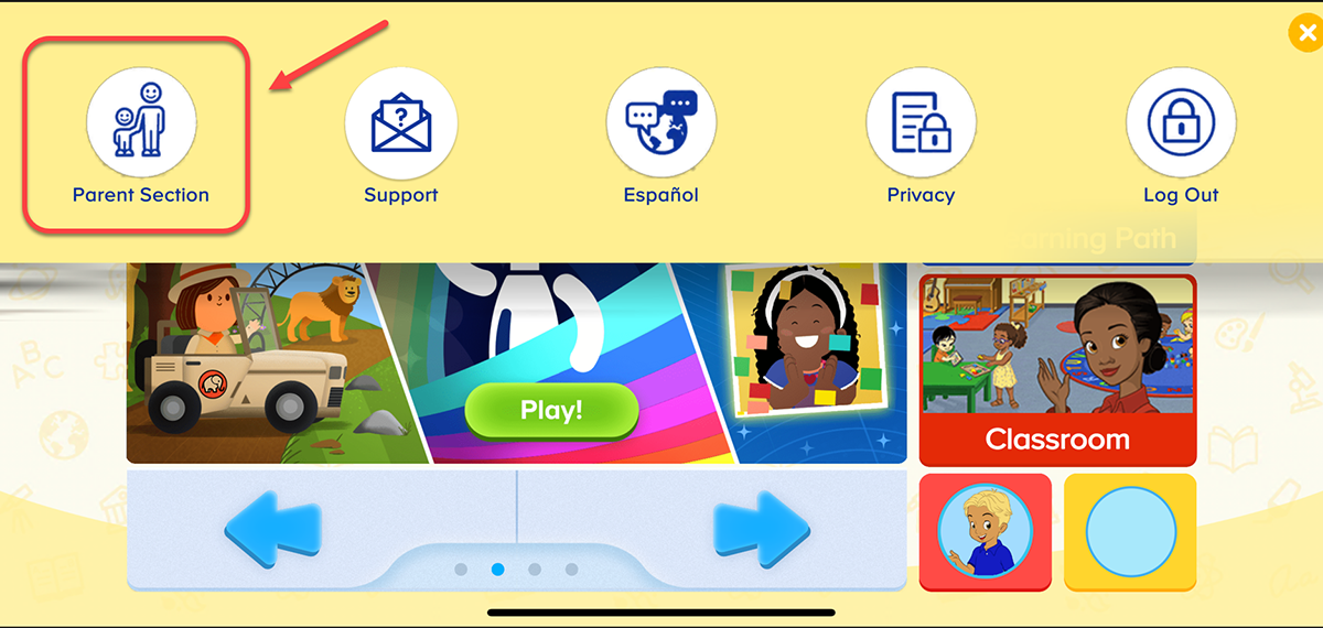 Screenshot of the ABCmouse learning platform parent section. 