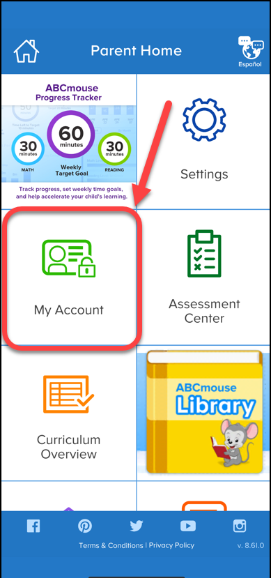 Screenshot of the ABCmouse learning platform parent home screen. 