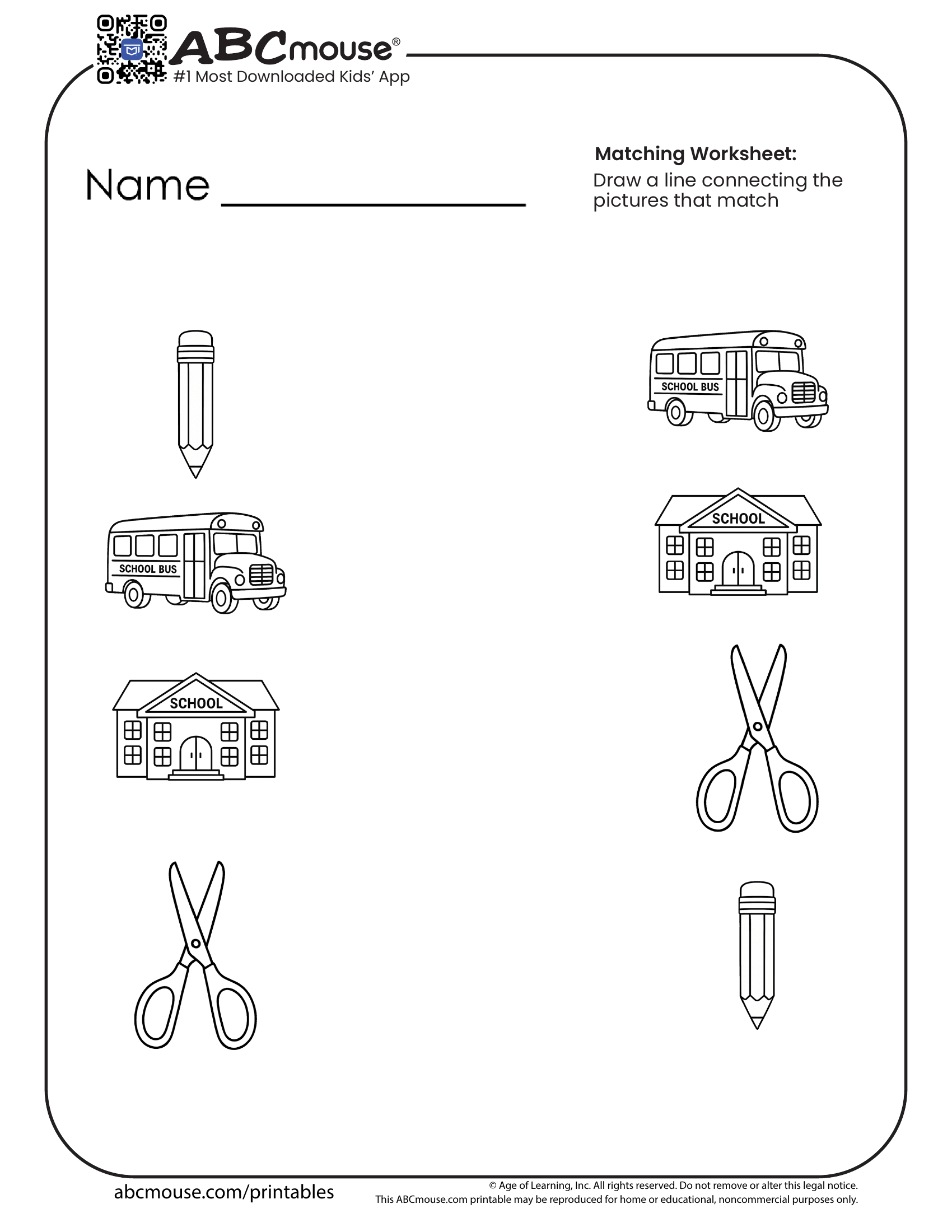 Free printable matching back to school worksheet for kids from ABCmouse.com. 