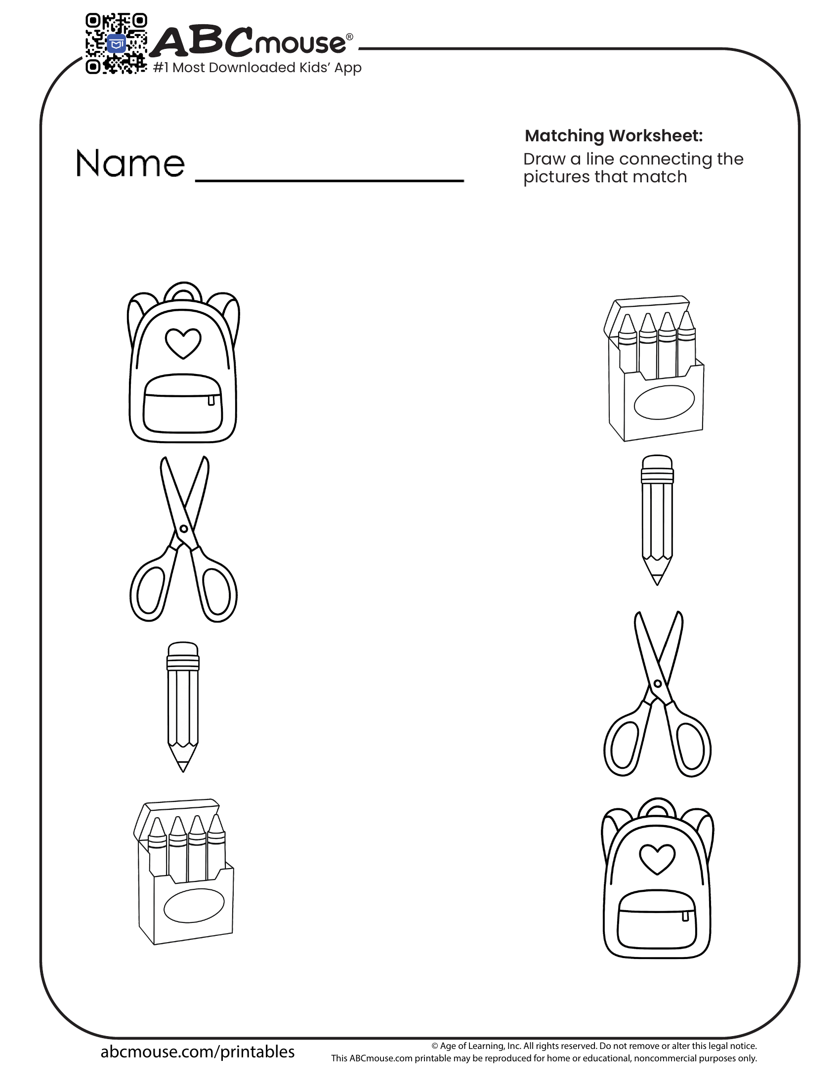 Free printable matching back to school worksheet for kids from ABCmouse.com. 