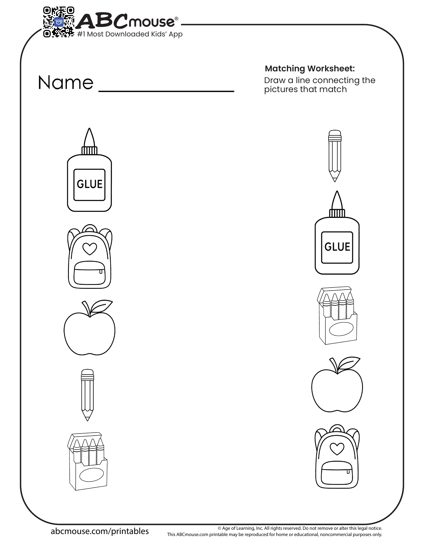 Free printable matching back to school worksheet for kids from ABCmouse.com. 