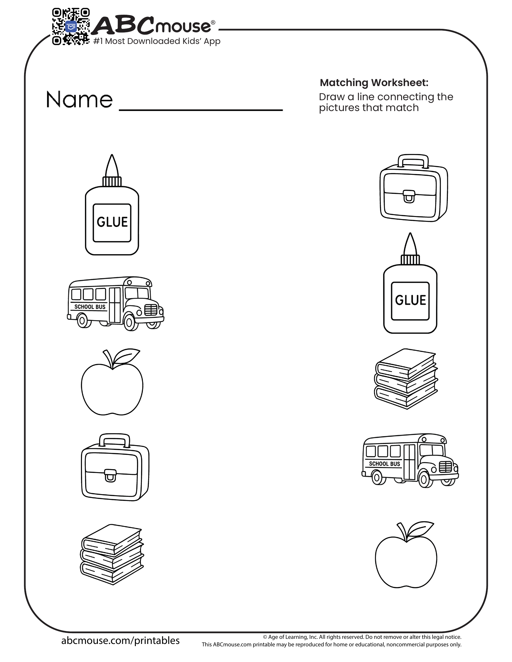 Free printable matching back to school worksheet for kids from ABCmouse.com. 