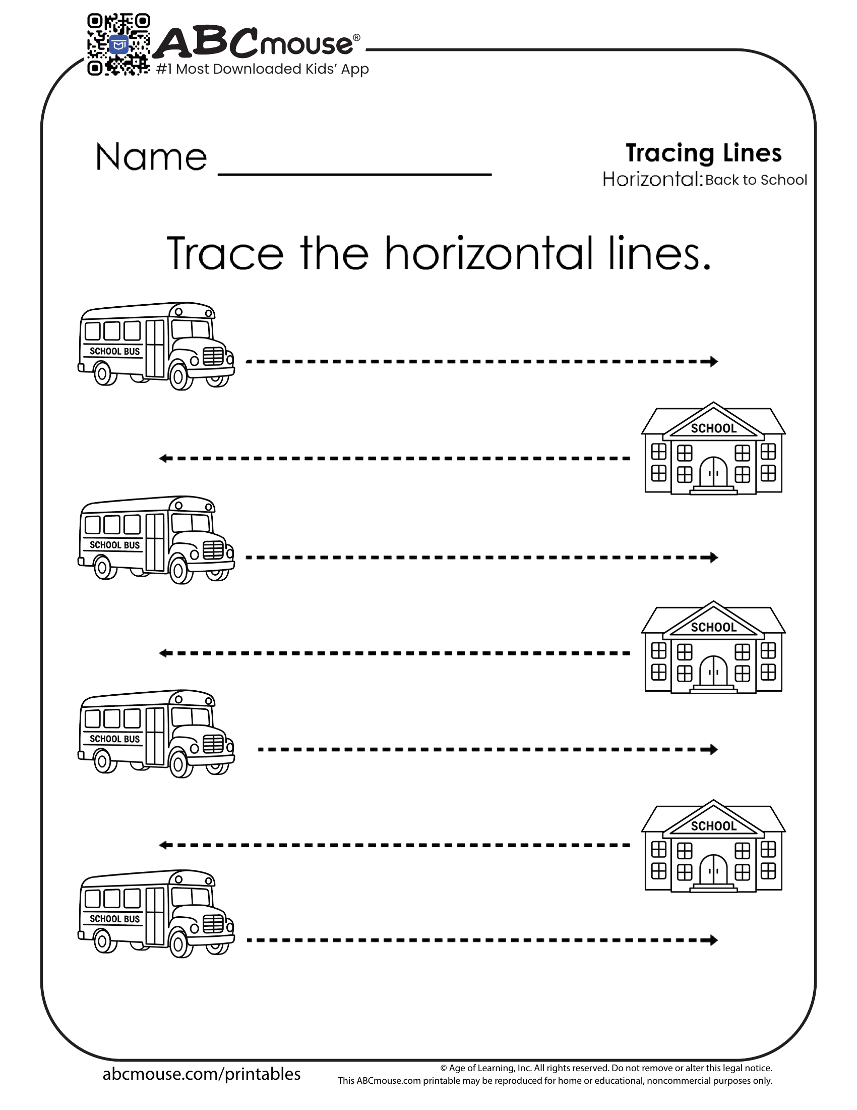 Free printable tracing back to school worksheet for kids from ABCmouse.com. 