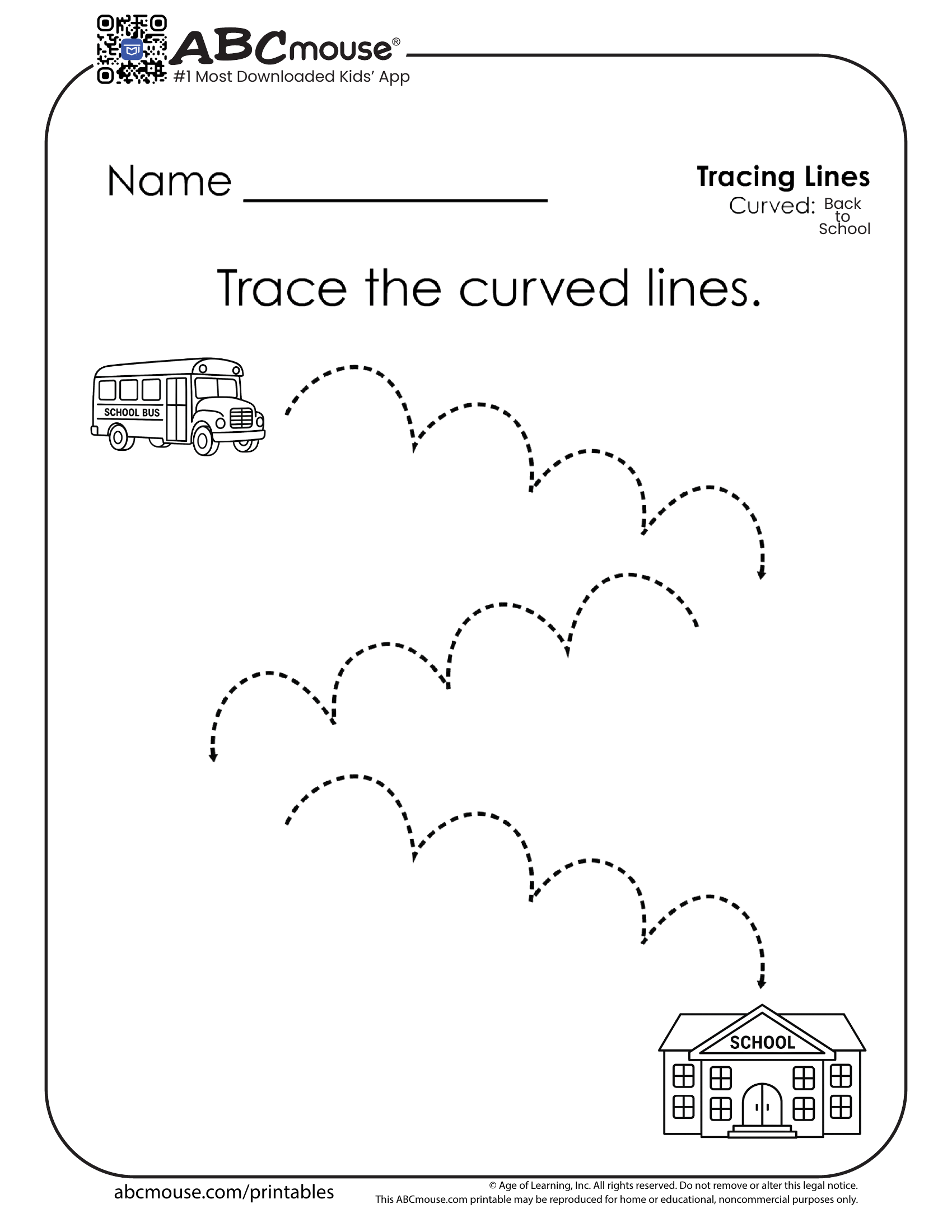 Free printable tracing back to school worksheet for kids from ABCmouse.com. 