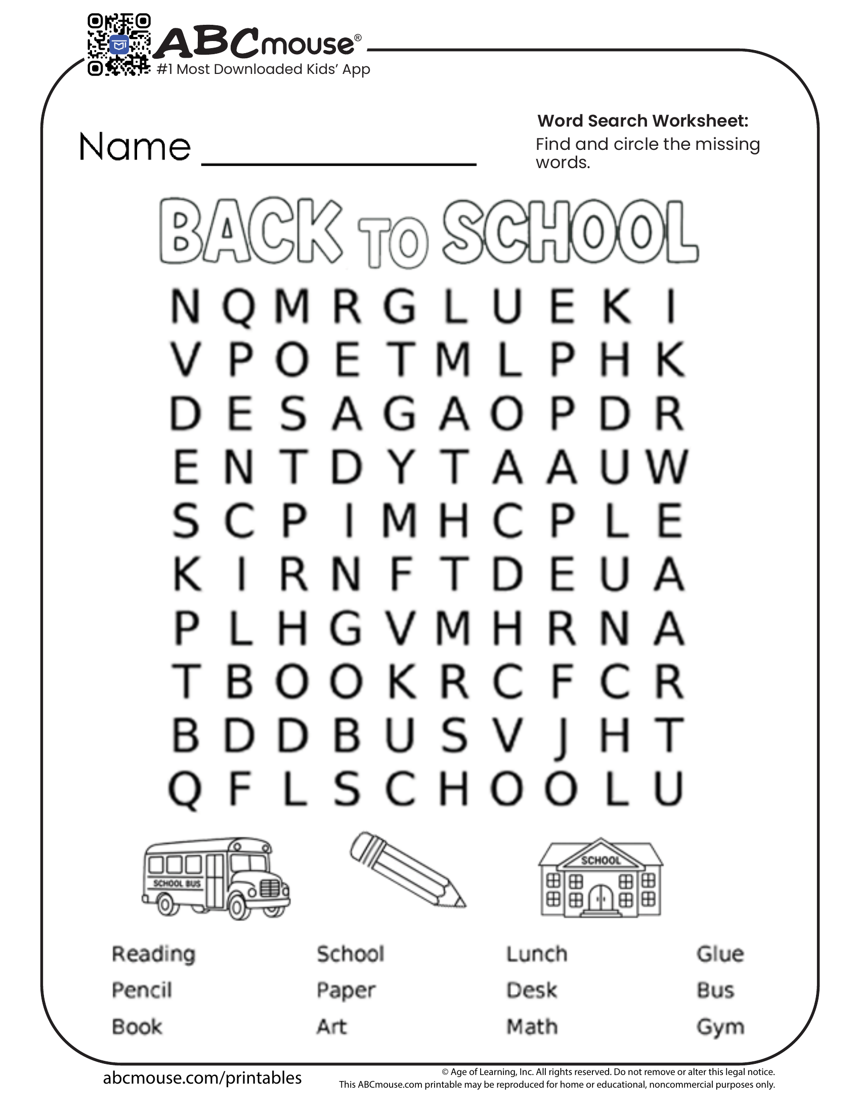 Free printable word search back to school worksheet for kids from ABCmouse.com. 