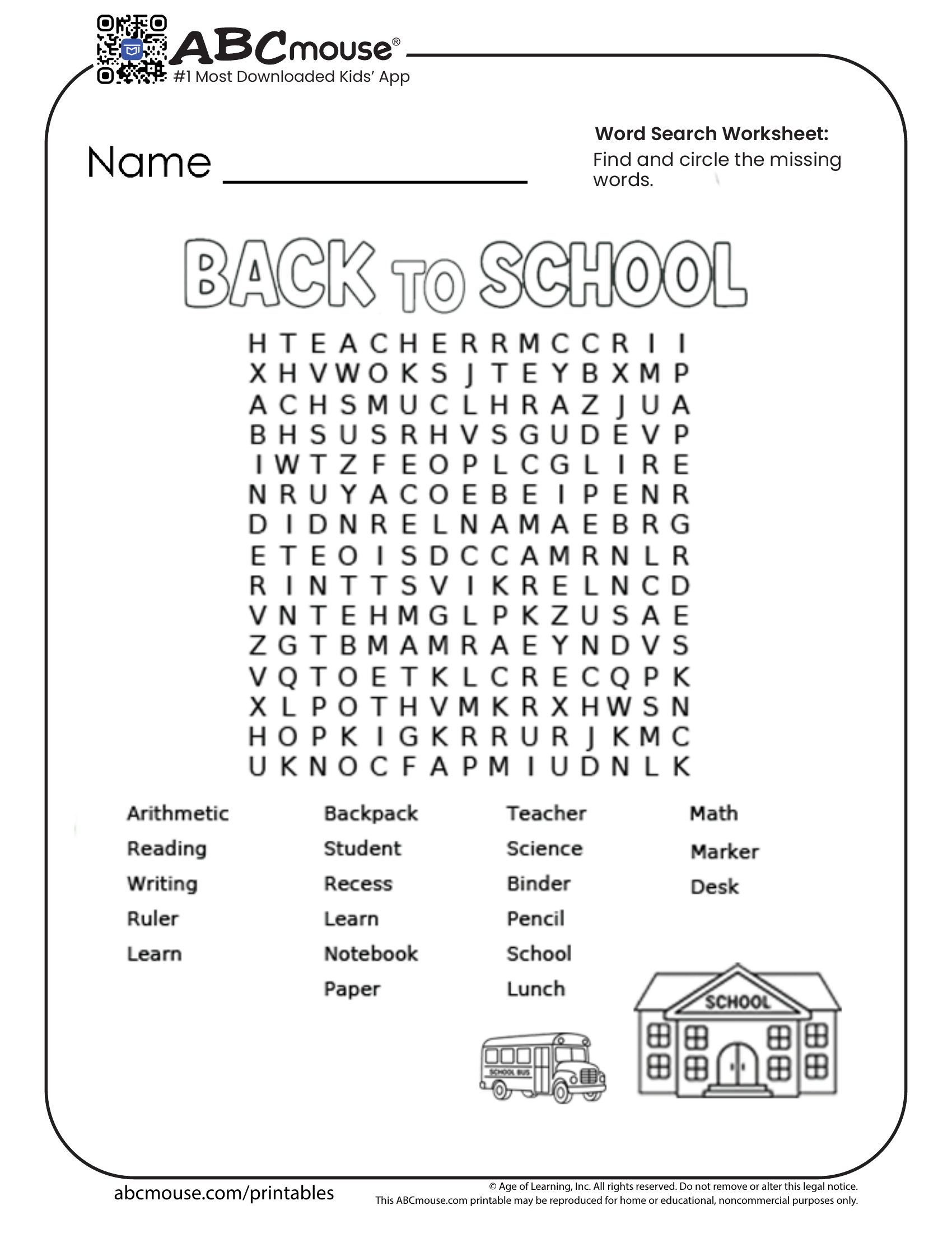 Free printable word search back to school worksheet for kids from ABCmouse.com. 
