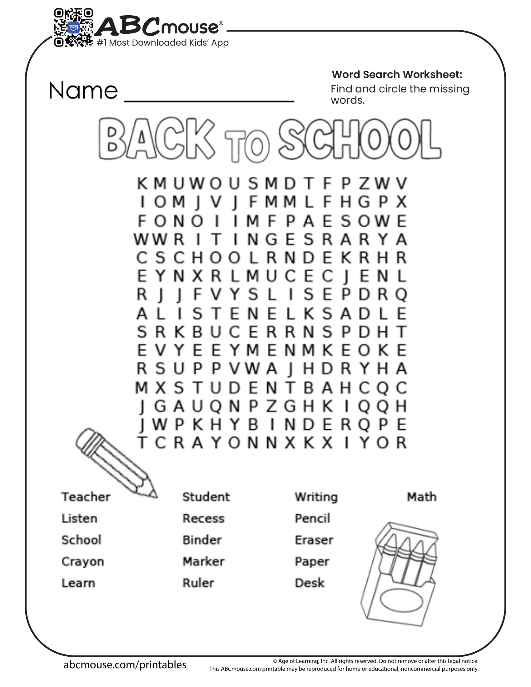 Free printable word search back to school worksheet for kids from ABCmouse.com. 