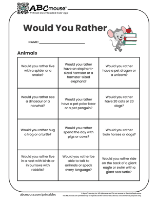Free printable would you rather animal questions for kids from ABCmouse.com. 