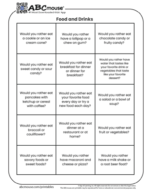Free printable would you rather food and drink questions for kids from ABCmouse.com. 