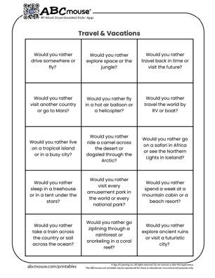 Free printable would you rather travel & vacation questions for kids from ABCmouse.com. 
