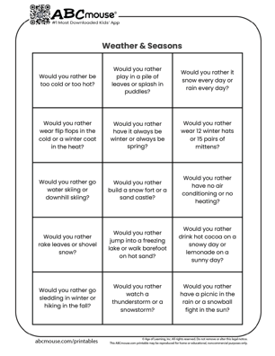 Free printable would you rather  weather and seasons questions for kids from ABCmouse.com. 