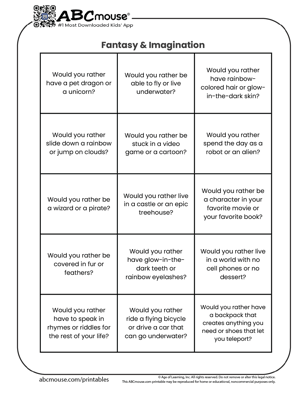 Free printable would you rather fantasy & imagination questions for kids from ABCmouse.com. 