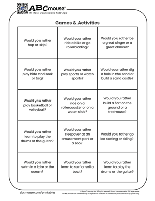 Free printable would you rather games & activity questions for kids from ABCmouse.com. 