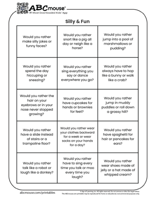 Free printable would you rather silly & fun questions for kids from ABCmouse.com. 