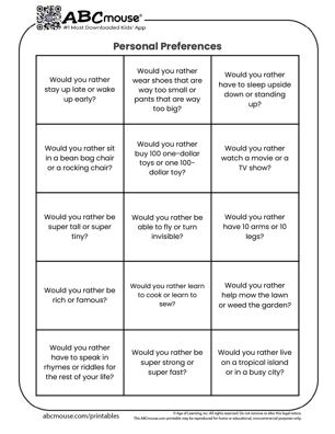 Free printable would you rather preferences questions for kids from ABCmouse.com. 