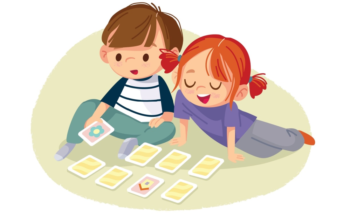An illustration of two kids playing cards. 