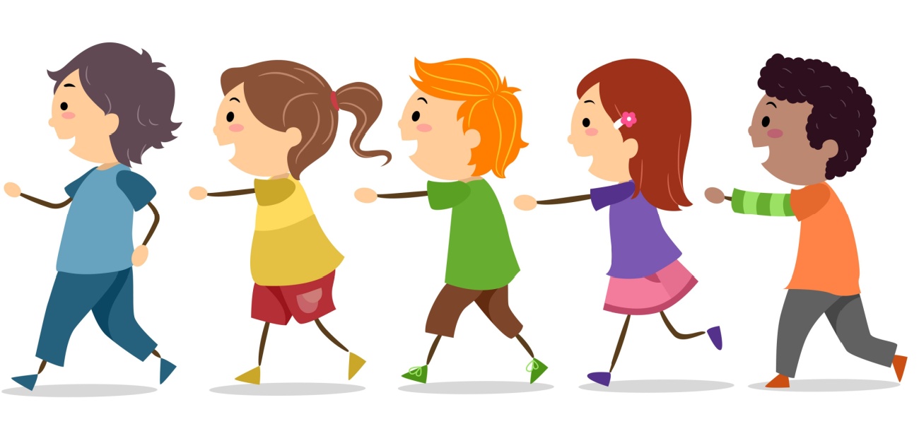 Illustration of children playing follow the leader. 